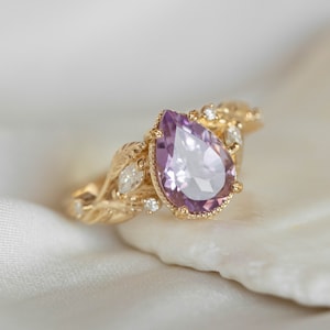 Large Amethyst Engagement Ring with Marquise Diamonds Leaves, Nature inspired Ring for Bride, Unusual Lavender Amethyst Ring 14k or 18k Gold image 2