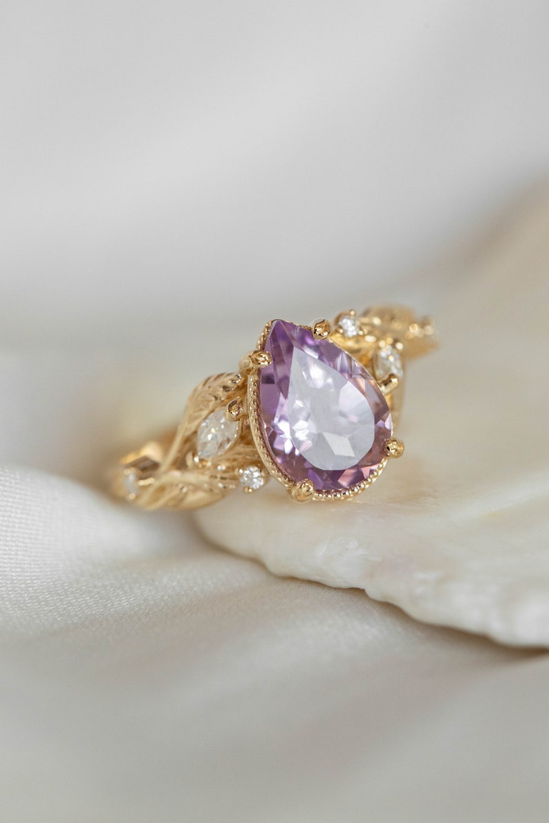 Large Amethyst Engagement Ring with Marquise Diamonds Leaves, Nature inspired Ring for Bride, Unusual Lavender Amethyst Ring 14k or 18k Gold image 2