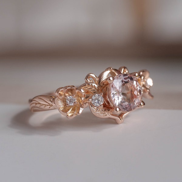 Anillo de morganita de oro rosa, anillo élfico floral, anillo de compromiso inspirado en la naturaleza, anillo de elfo rosa, anillo de promesa de oro para ella, anillo de flor rosa