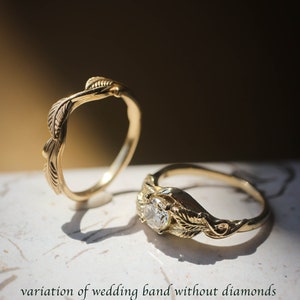 Leaf bridal ring set, engagement ring, moissanite ring, twig wedding band, branch ring, gold leaves ring, stacking rings set imagem 10