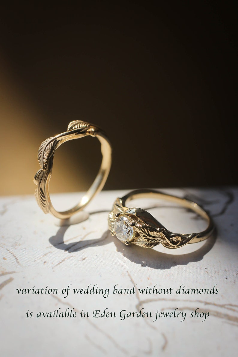 Leaf bridal ring set, engagement ring, moissanite ring, twig wedding band, branch ring, gold leaves ring, stacking rings set imagem 10