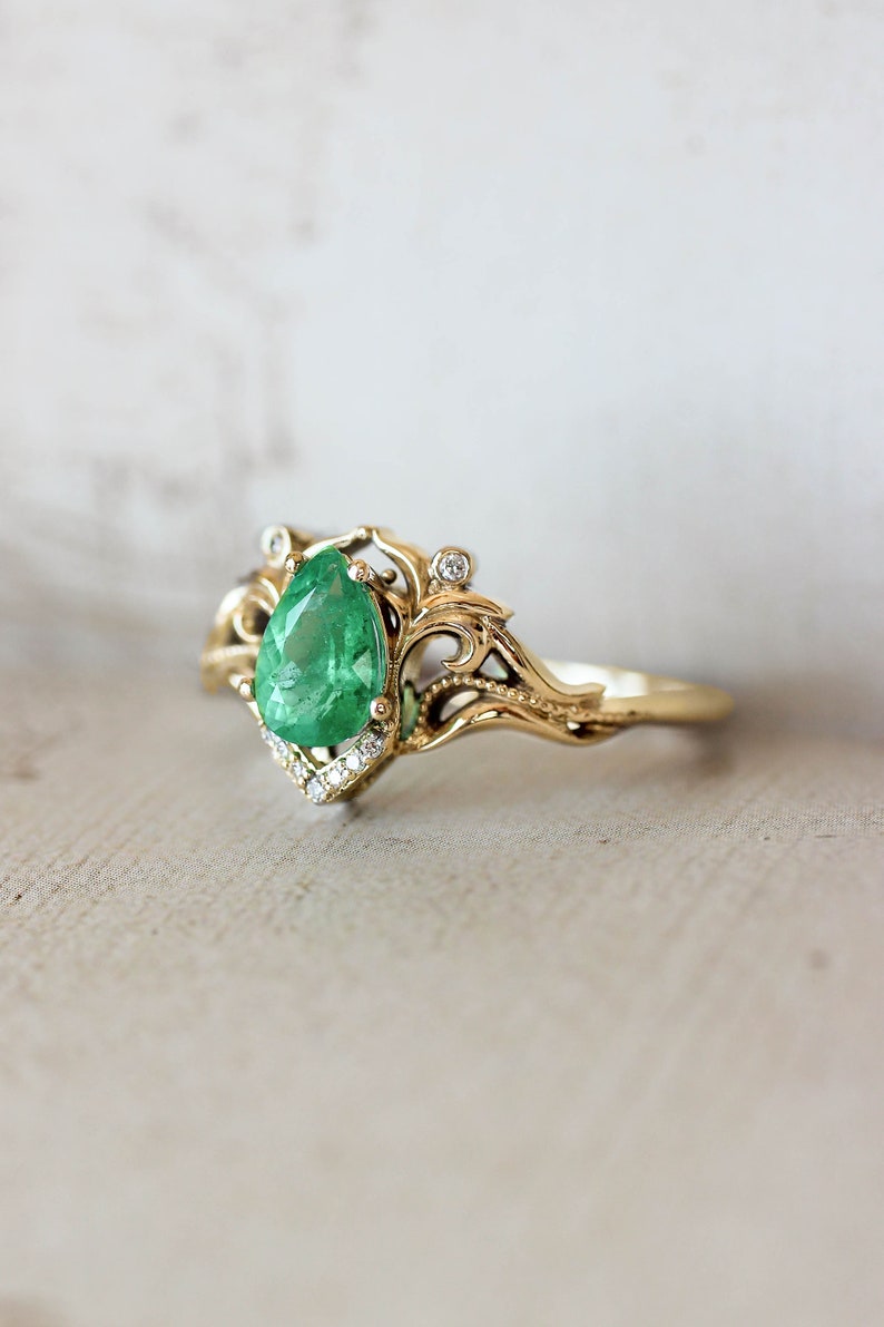 Natural emerald and diamonds ring, unique engagement ring, vintage wedding, leaves ring, moissanite ring, art nouveau ring, ring for woman image 9