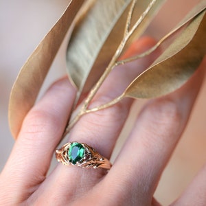 Emerald engagement ring, 14K yellow gold leaves ring, leaf ring for woman, unique engagement ring, synthetic emerald ring, teardrop ring image 3