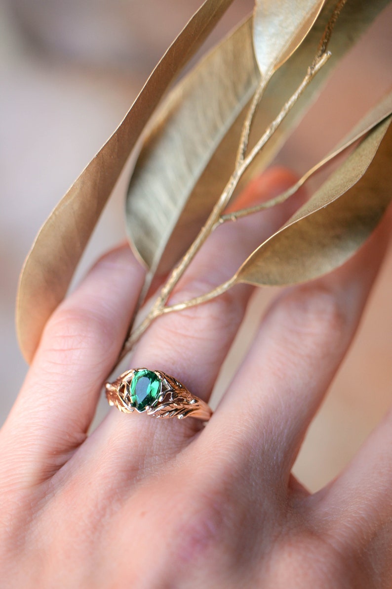 Emerald engagement ring, 14K yellow gold leaves ring, leaf ring for woman, unique engagement ring, synthetic emerald ring, teardrop ring image 3