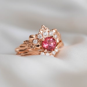 Pink Tourmaline Engagement Ring, Nature inspired Diamond Crown ring, 14k or 18k Rose Gold Nature Ring for Ethical Engagement image 8