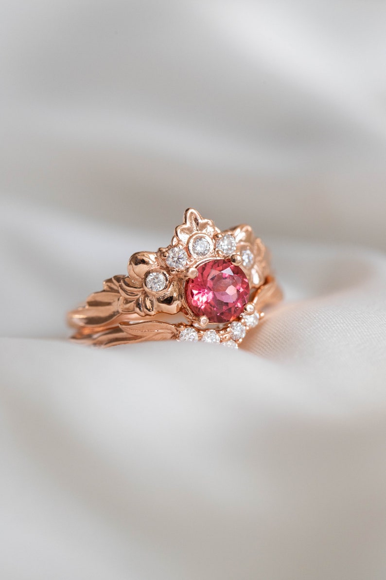 Pink Tourmaline Engagement Ring, Nature inspired Diamond Crown ring, 14k or 18k Rose Gold Nature Ring for Ethical Engagement image 8