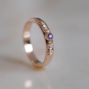 alternative wedding band for woman,  round ring with alexandrite and conflict free diamonds