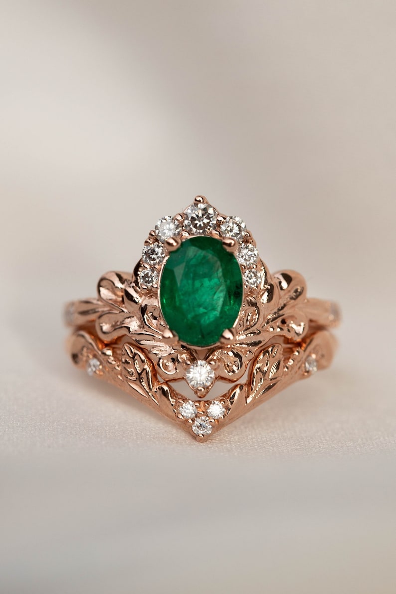 Ornate Engagement Ring Set, Natural Emerald Ring with Diamonds, 2pcs Bridal ring set, Baroque inspired Engagement in 14k or 18K Gold image 1