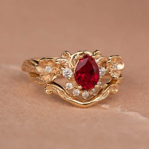 READY TO SHIP, Size 6-8 Us, Lab Ruby & Diamonds Engagement Ring Set, Gold Flower Bridal Ring Set, Nature Inspired Rings, Ring for Woman image 1