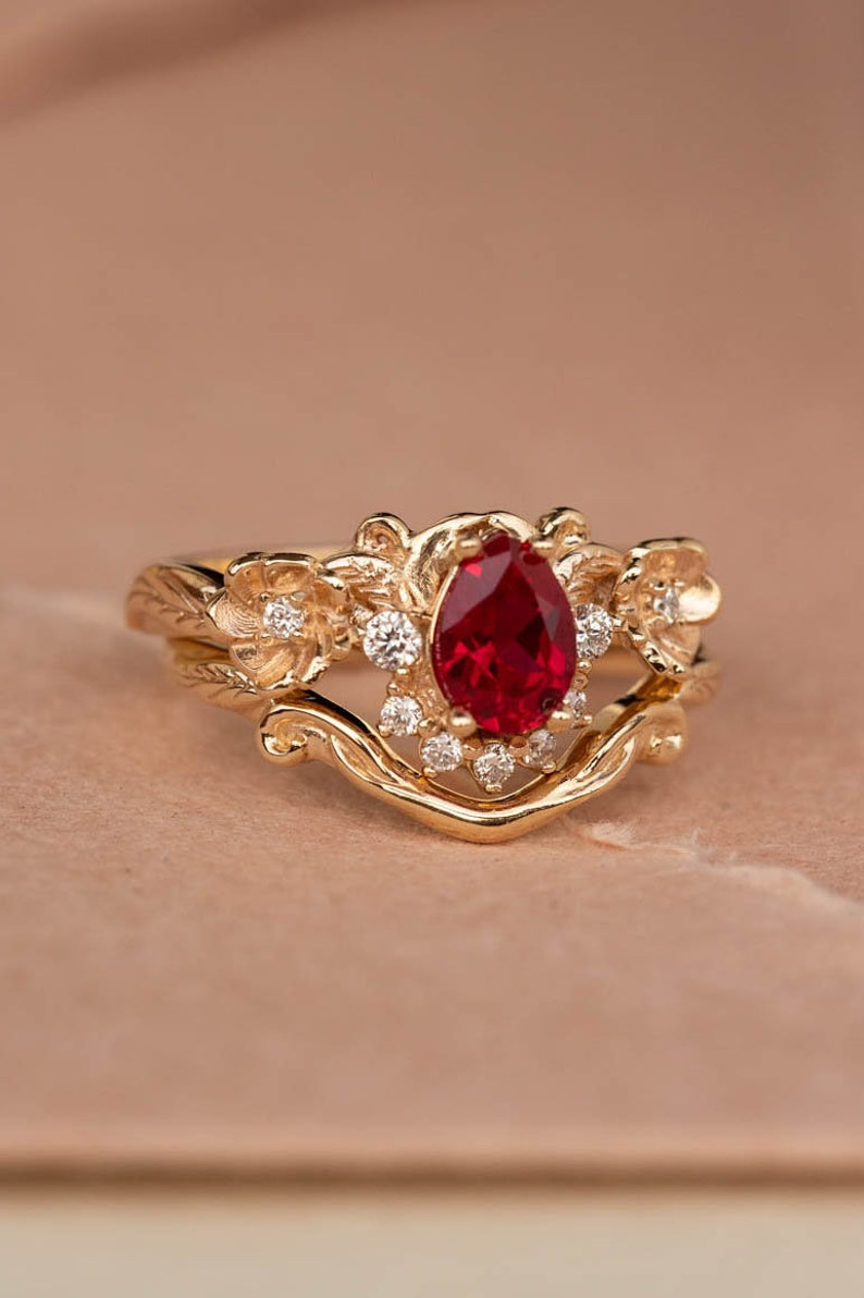 READY TO SHIP, Size 6-8 Us, Lab Ruby & Diamonds Engagement Ring Set, Gold Flower Bridal Ring Set, Nature Inspired Rings, Ring for Woman image 1