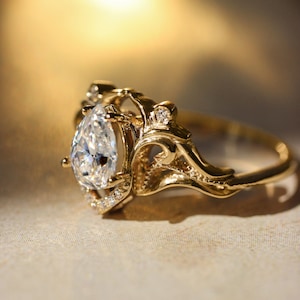 Teardrop White Sapphire Vintage inspired Engagement Ring, Elvish Engagement ring with Pear shaped White sapphire in 14K or 18K Solid Gold image 3
