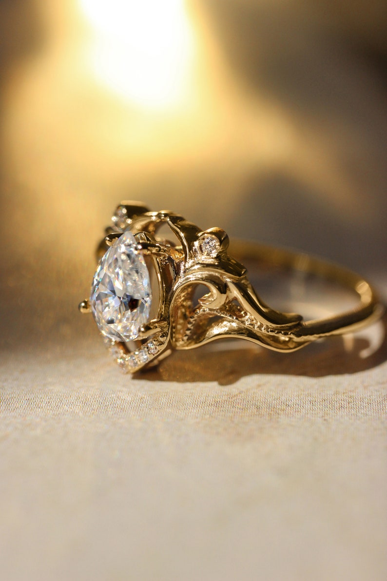 Teardrop White Sapphire Vintage inspired Engagement Ring, Elvish Engagement ring with Pear shaped White sapphire in 14K or 18K Solid Gold image 3