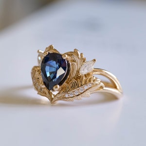 Royal Blue Sapphire Engagement Ring, 1.4 Ct Genuine Sapphire Ring, Nature Inspired Diamond Ring, Sapphire and Diamond Gold Ring for Her image 5