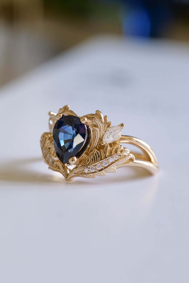 Royal Blue Sapphire Engagement Ring, 1.4 Ct Genuine Sapphire Ring, Nature Inspired Diamond Ring, Sapphire and Diamond Gold Ring for Her image 5