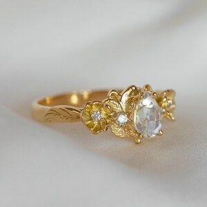 Real Moonstone Ring, Diamonds and Gold Leaves Nature inspired Flower Engagement Ring with Natural Diamonds or Moissanites, 14k or 18k Gold image 5