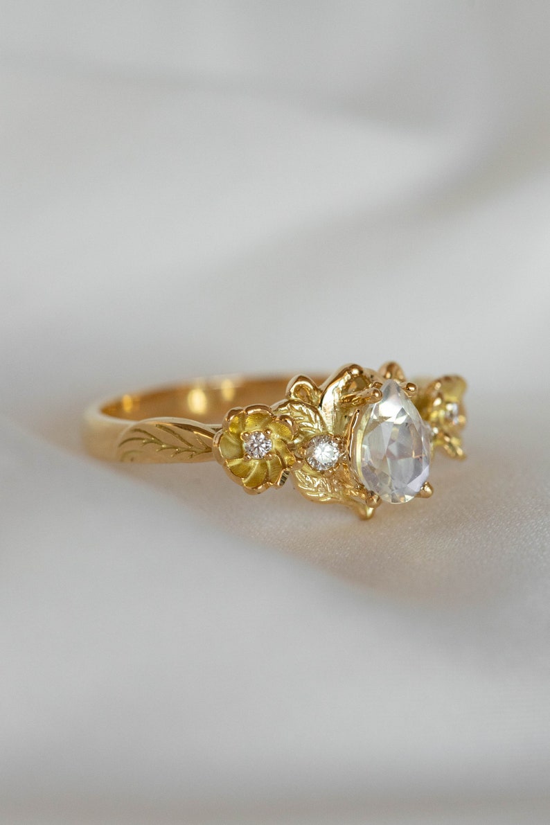 Real Moonstone Ring, Diamonds and Gold Leaves Nature inspired Flower Engagement Ring with Natural Diamonds or Moissanites, 14k or 18k Gold image 5