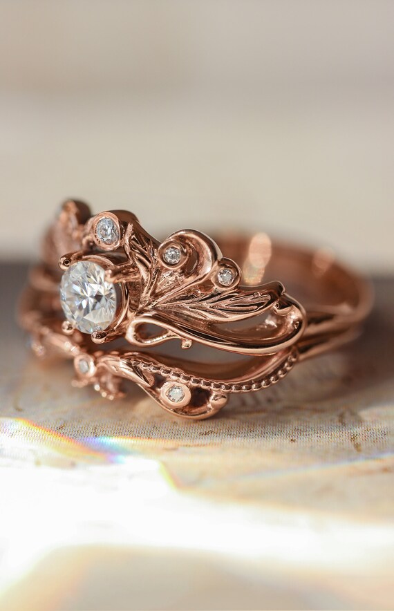 Diamond Bridal Ring Set Nature Ring Leaves Ring Art Nouveau