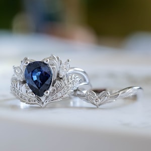 Pear Blue Sapphire Engagement Ring Set 2pcs, Real Sapphire Wedding Ring Set for Women delicate Leaves and Diamonds design in 14k or 18k Gold
