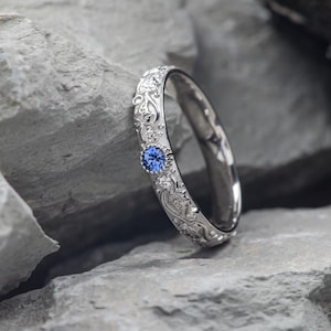 Elven Wedding Band with Leaves and Diamonds - Comfort Fit Ring, Ivy Leaf Ring, Genuine Blue Sapphire Ring for Women, 14k or 18k Gold