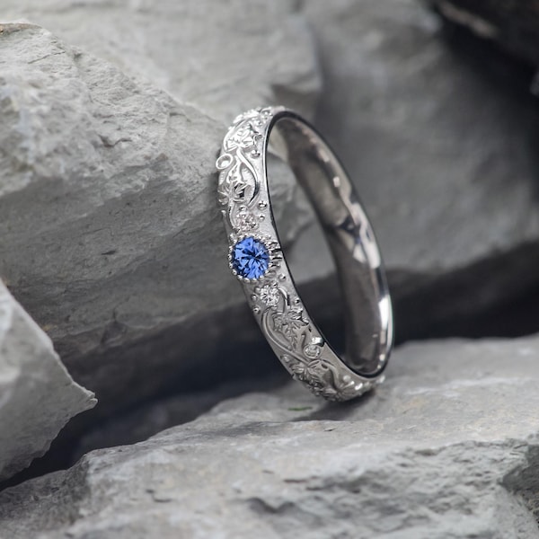 Elven Wedding Band – 14k Gold Ivy Leaf Ring, Blue Sapphire & Diamonds