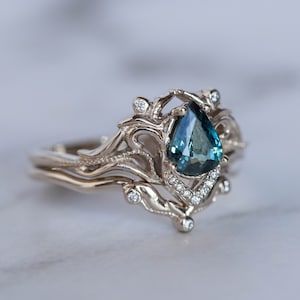 Pear cut Teal Sapphire Engagement Ring, Gold Stacking Ring Set, Bridal Ring Set with Diamonds, Art Nouveau Ring, Unique Engagement Ring, 14K