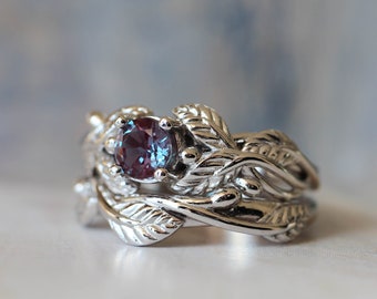 Alexandrite Engagement Ring Set, White Gold Leaves Ring set, Nature Wedding Rings, Unique Engagement, Branch ring, Twig ring, Gift for her