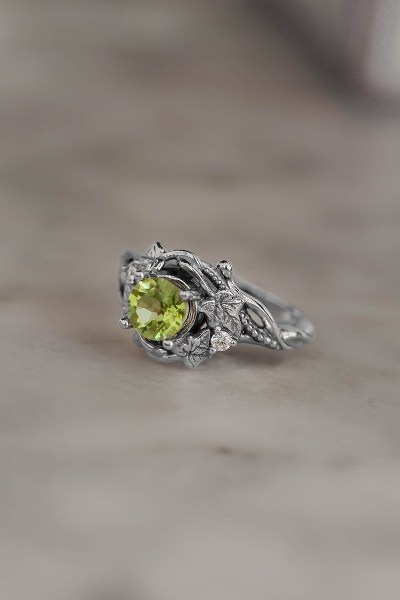 Ivy leaves engagement ring, peridot ring, nature inspired ring, gold leaf ring, elvish ring, peridot diamonds ring, fantasy engagement ring image 10
