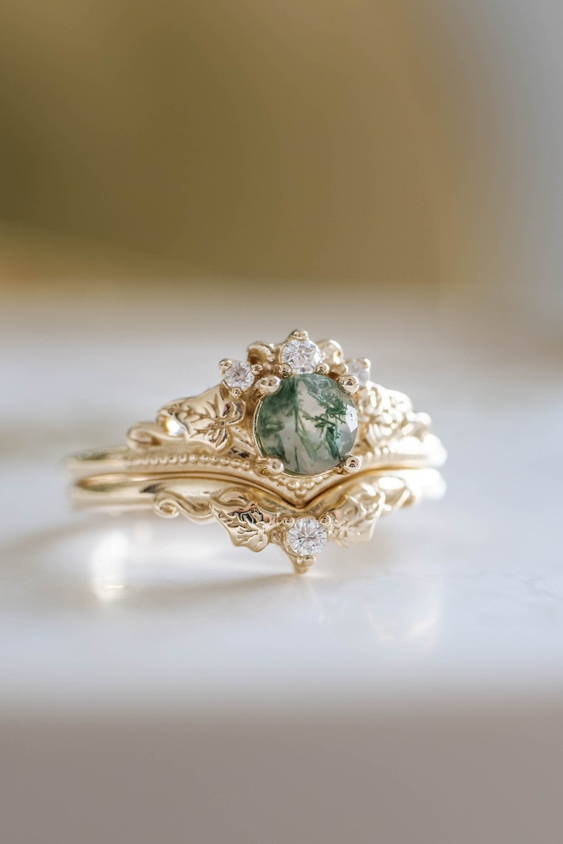 Ivy Leaf Green Moss Agate Ring Set, Leafy Elvish Engagement Ring & Matching Leaves Wedding Band with Diamond, 2pcs Bridal set 14K / 18k Gold image 1