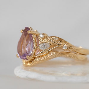 Large Amethyst Engagement Ring with Marquise Diamonds Leaves, Nature inspired Ring for Bride, Unusual Lavender Amethyst Ring 14k or 18k Gold image 8