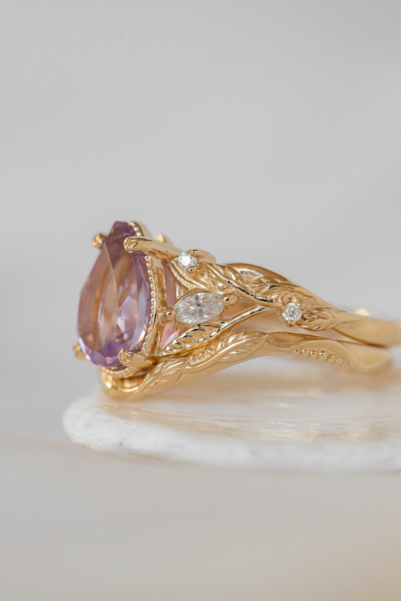 Large Amethyst Engagement Ring with Marquise Diamonds Leaves, Nature inspired Ring for Bride, Unusual Lavender Amethyst Ring 14k or 18k Gold image 8