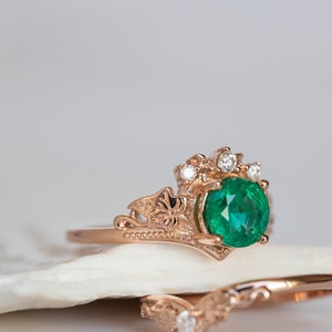 1 Carat Emerald Bridal Ring Set, Rose gold Ivy Leaves and Diamonds Engagement, Emerald Rings in 14K or 18K Gold, Fairy Bride Gold Rings image 5