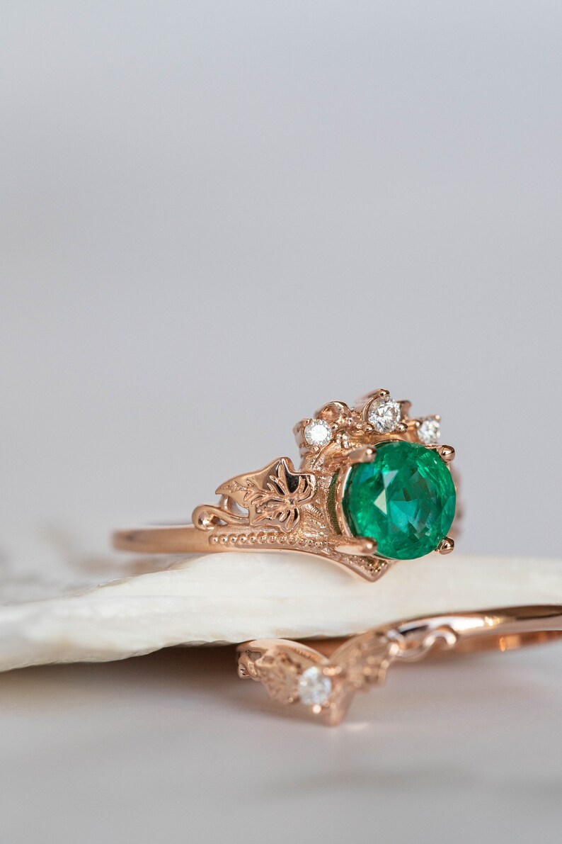 1 Carat Emerald Bridal Ring Set, Rose gold Ivy Leaves and Diamonds Engagement, Emerald Rings in 14K or 18K Gold, Fairy Bride Gold Rings image 5