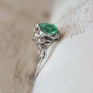 Natural emerald and diamonds ring, unique engagement ring, vintage wedding, leaves ring, moissanite ring, art nouveau ring, ring for woman image 3