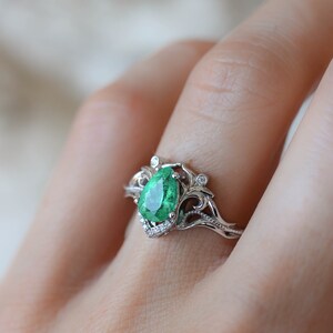Natural emerald and diamonds ring, unique engagement ring, vintage wedding, leaves ring, moissanite ring, art nouveau ring, ring for woman image 5