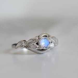 Solid Gold Vintage Inspired Ring, Handcrafted Round Moonstone Ring, Ethical Engagement Ring, Rainbow Moonstone Romantic Leaf Wedding Band