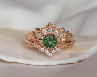 Romantic Flower Engagement Ring Rose Gold with Natural Green Sapphire & Crown Wedding Band, Nature inspired Bridal Ring Set 14k or 18K Gold