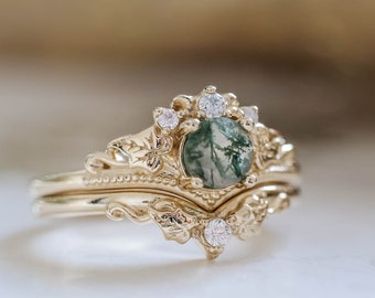 READY TO SHIP, Sizes 5.5/6/7/8/10 Us, Ivy Leaf Moss Agate Ring Set, Leafy Elvish Engagement Ring & Leaves Wedding Band with Moissanites