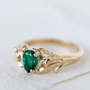 Emerald engagement ring, 14K yellow gold leaves ring, leaf ring for woman, unique engagement ring, synthetic emerald ring, teardrop ring image 7
