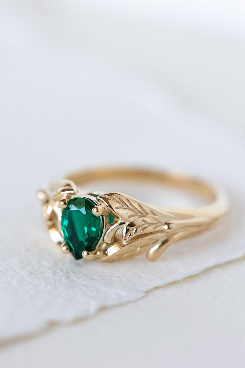 Emerald engagement ring, 14K yellow gold leaves ring, leaf ring for woman, unique engagement ring, synthetic emerald ring, teardrop ring image 7