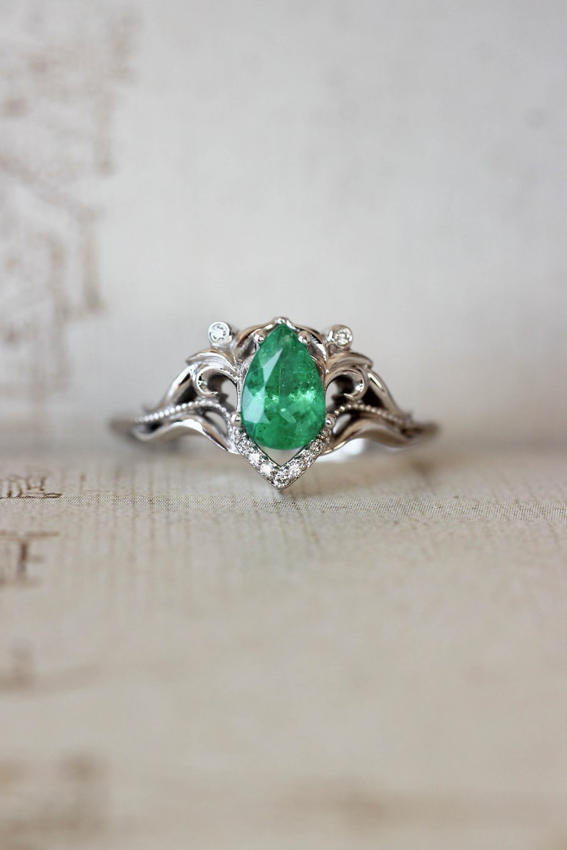 Natural emerald and diamonds ring, unique engagement ring, vintage wedding, leaves ring, moissanite ring, art nouveau ring, ring for woman image 2