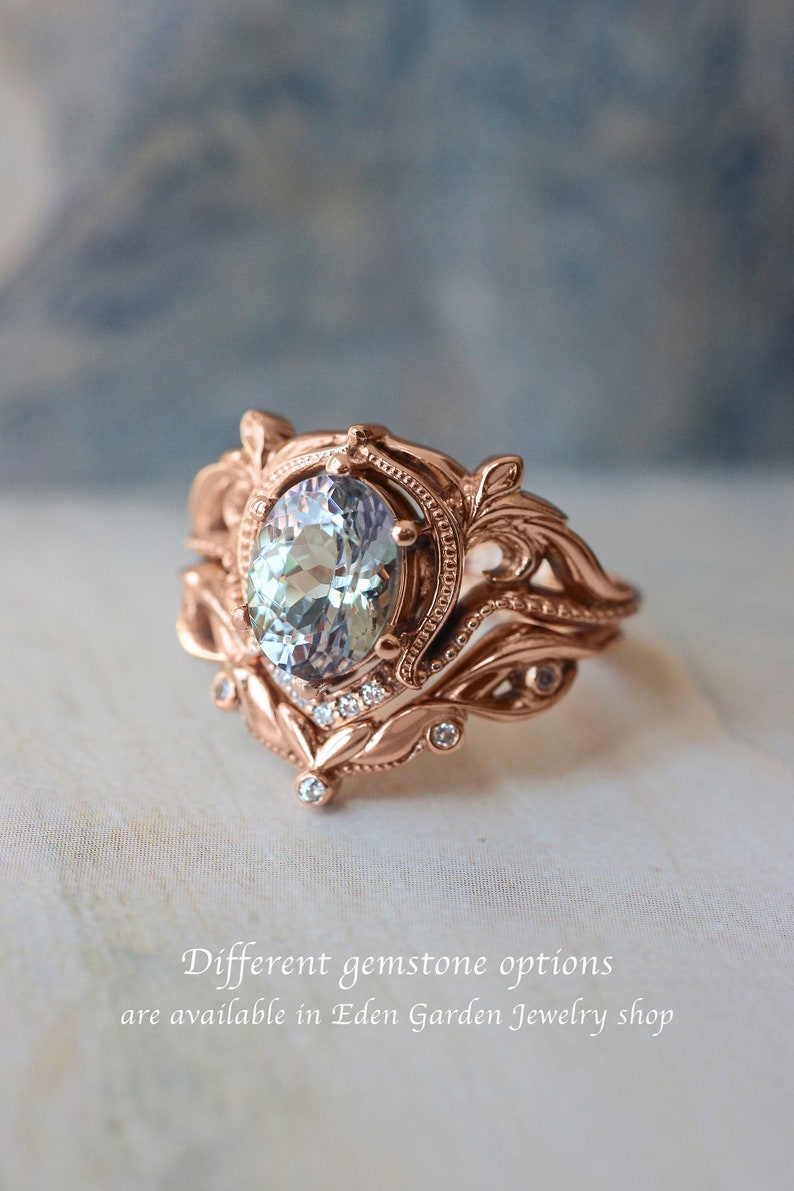 Emerald bridal ring set, 14K gold ring, emerald and diamonds ring, engagement and wedding ring set, art nouveau ring, natural emerald ring image 9