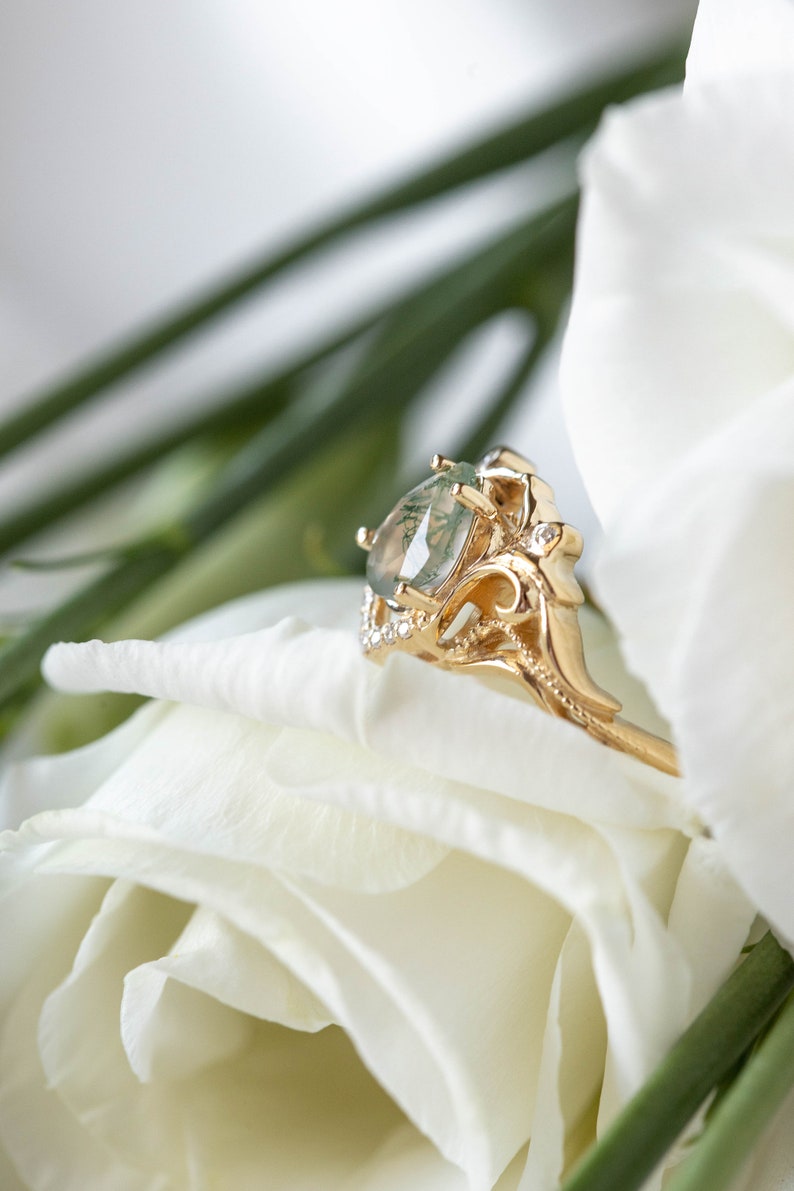 Elvish Engagement Ring Moss Agate Ring with Real Diamonds or Moissanites, Vintage inspired engagement 14k or 18K Gold, Fantasy Engagement image 6