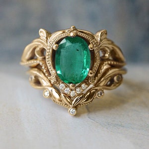 Emerald bridal ring set, 14K gold ring, emerald and diamonds ring, engagement and wedding ring set, art nouveau ring, natural emerald ring image 3