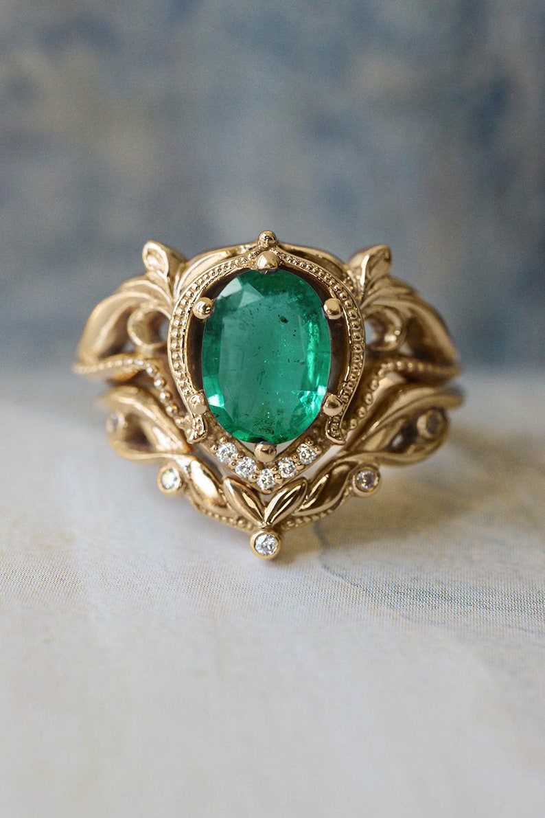 Emerald bridal ring set, 14K gold ring, emerald and diamonds ring, engagement and wedding ring set, art nouveau ring, natural emerald ring image 3