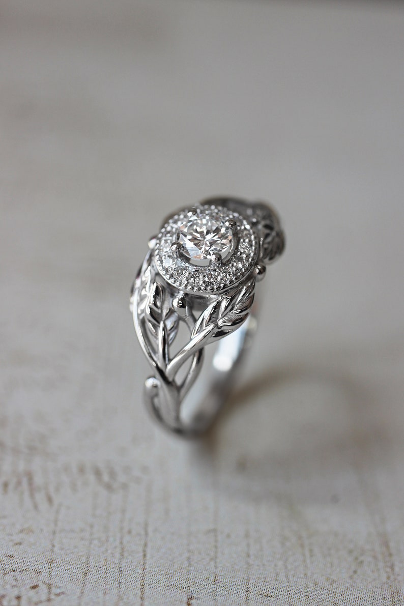 Leaf engagement ring with diamond halo, natural diamond ring, white gold band, nature ring, leaves ring, branch engagement ring, for woman image 6