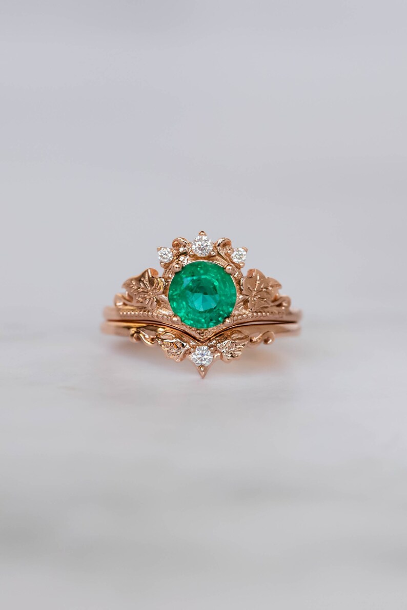 1 Carat Emerald Bridal Ring Set, Rose gold Ivy Leaves and Diamonds Engagement, Emerald Rings in 14K or 18K Gold, Fairy Bride Gold Rings image 1