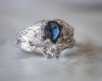 Genuine Sapphire Engagement Ring Set, Dark Blue Sapphire Rings, Gold Unique Bridal Ring Set 14K / 18K Gold Nature inspired Engagement rings