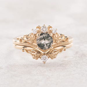Ivy Leaf Green Moss Agate Ring Set, Leafy Elvish Engagement Ring & Matching Leaves Wedding Band with Diamond, 2pcs Bridal set 14K / 18k Gold