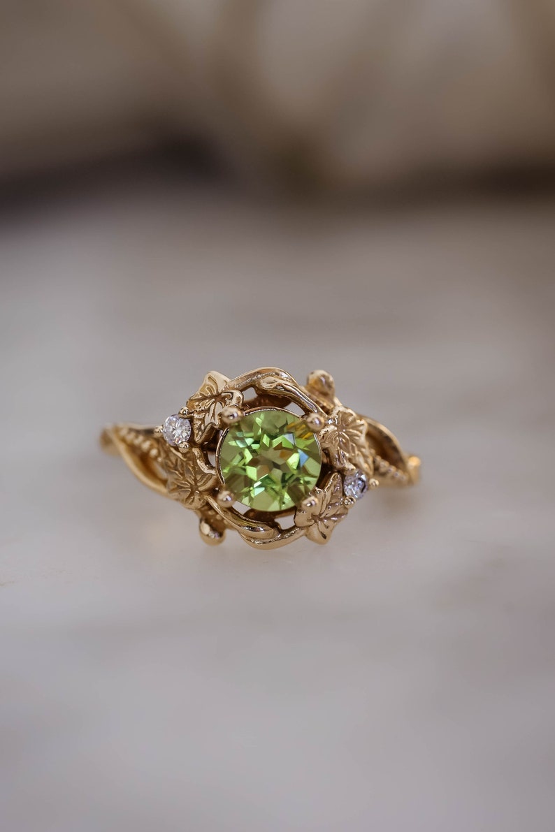 Ivy leaves engagement ring, peridot ring, nature inspired ring, gold leaf ring, elvish ring, peridot diamonds ring, fantasy engagement ring image 3