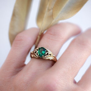 Emerald engagement ring, 14K yellow gold leaves ring, leaf ring for woman, unique engagement ring, synthetic emerald ring, teardrop ring image 6